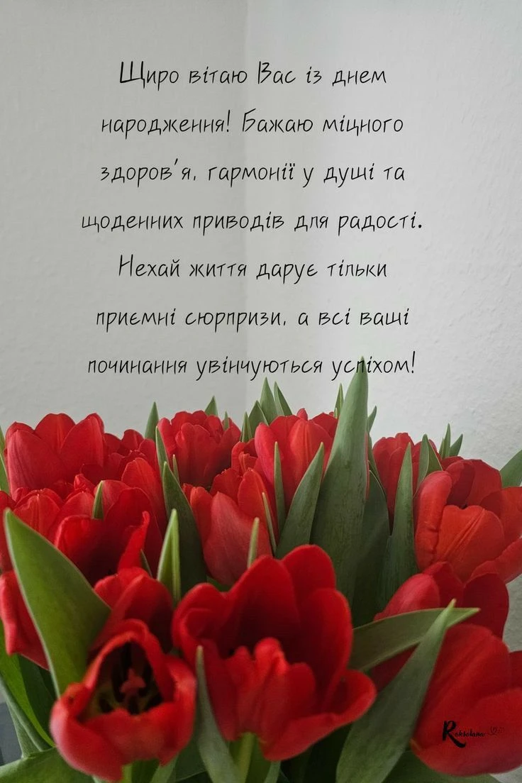 Червоні тюльпани та привітання з днем народження українською