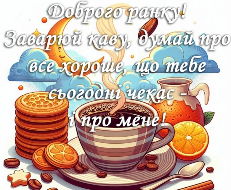 Каву з печивом та цитата про добрий ранок українською.