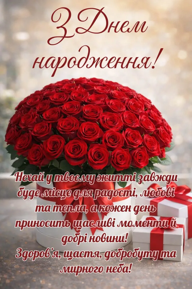 Червоні троянди та подарунки з привітанням.