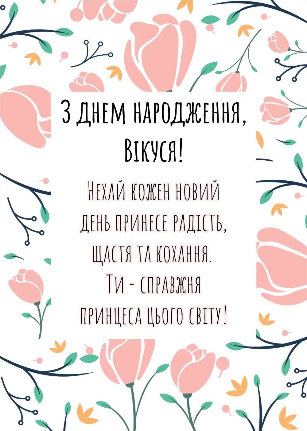 Квіткове привітання з днем народження Вікуся українською мовою.