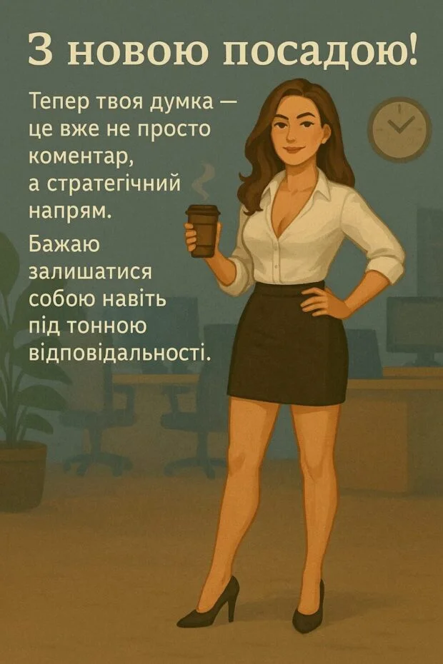 Жінка в офісі з кавою та привітанням з новою посадою.
