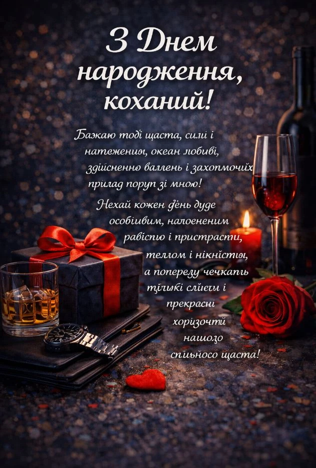 Привітання з днем народження коханому чоловіку: вино, квіти та подарунок.