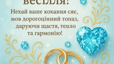 Привітання з топазовим весіллям: кільця та серце-топаз.