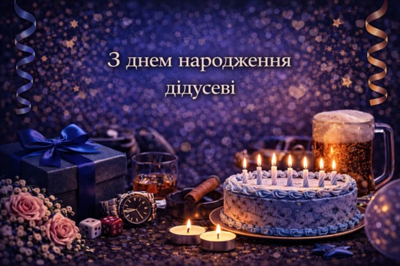 Привітання з днем народження дідуся: торт, квіти та подарунки.