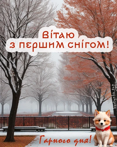 Перший сніг у парку з собакою та привітанням українською.