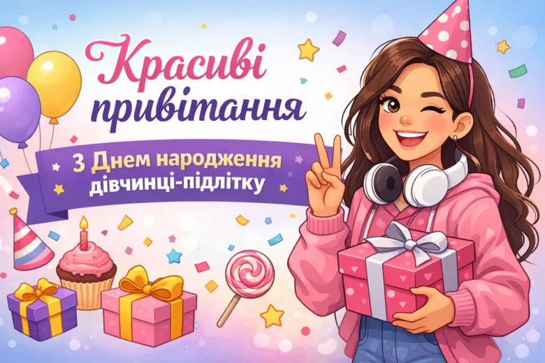 Дівчинка з подарунками та кульками на день народження