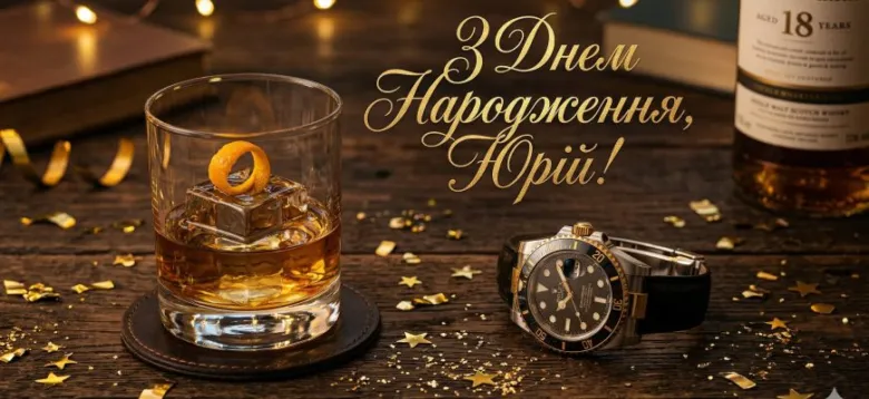 Привітання з днем народження Юрія: віскі та годинник