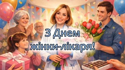 Жінка-лікар оточена родиною з квітами та подарунками на свято.