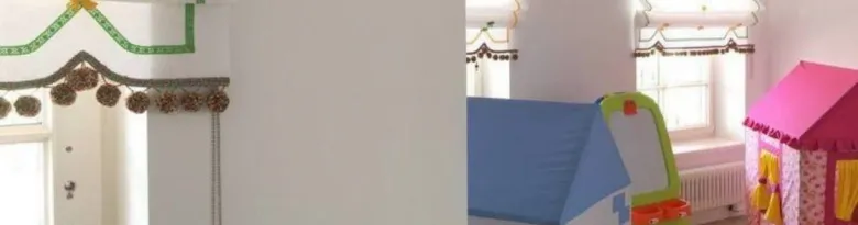 Дитяча кімната з прикрашеними шторами та іграшками біля вікон