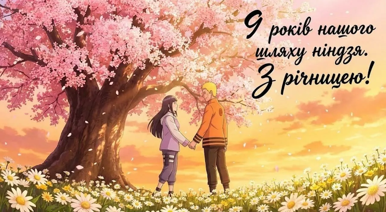 Аніме-пара під сакурою з квітами та привітанням на українській.