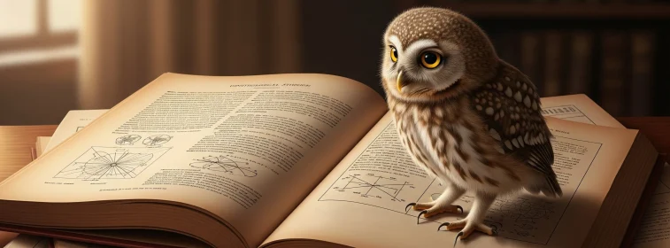 Сова сидить на відкритій підручній книзі.