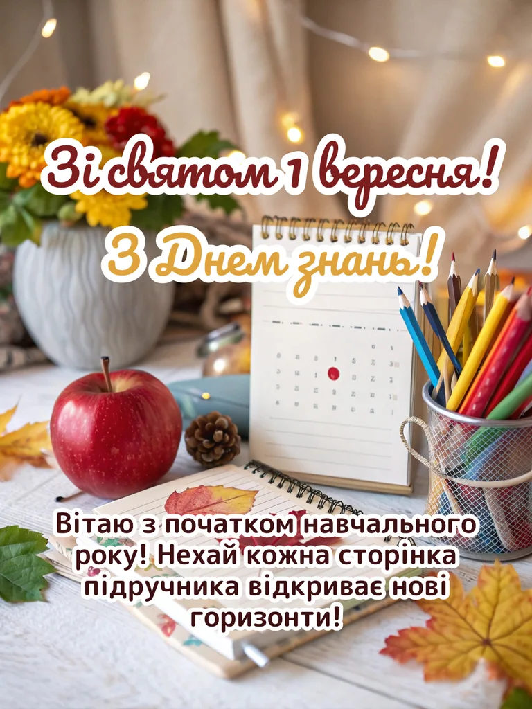 Привітання з початком навчального року: яблуко, зошит та календар.