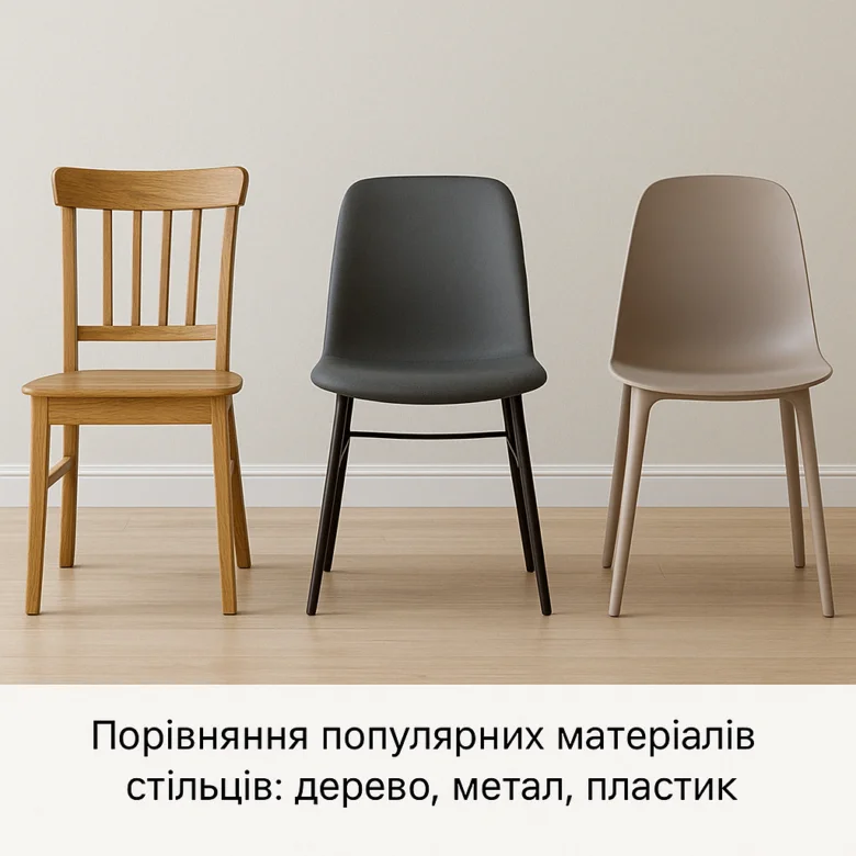 Порівняння трьох стільців з дерева, металу та пластику