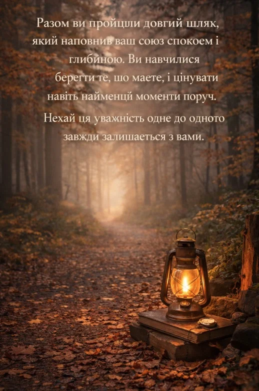 Ланtern на книзі в лісі з привітанням до весільної річниці.