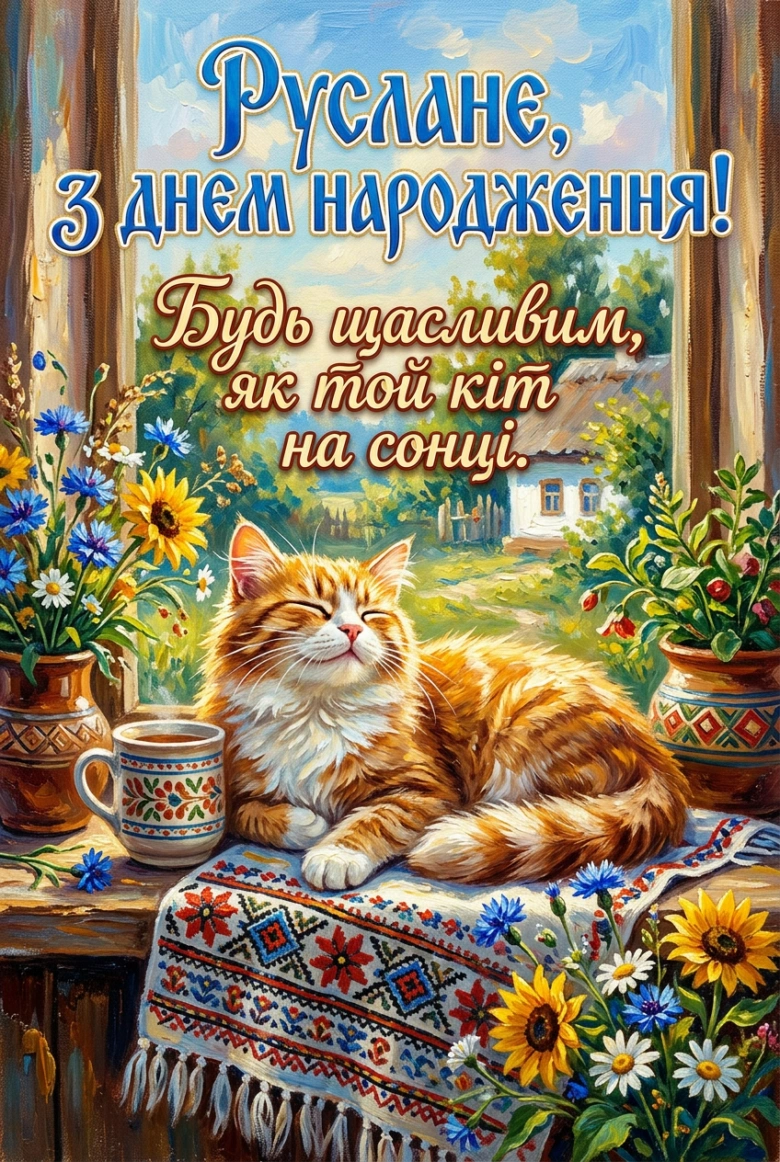 Кіт на вікні з квітами та привітанням Руслану.