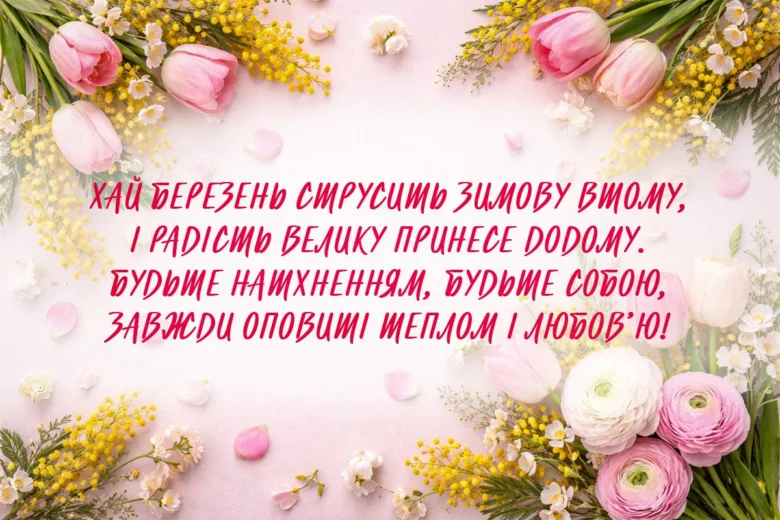 Квіти та привітання з 8 Березня українською мовою.