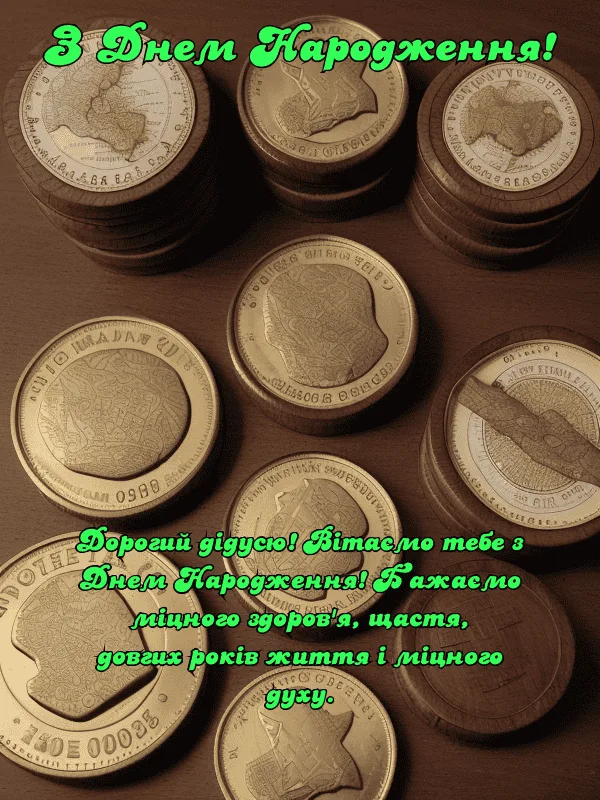 Привітання з днем народження дідуся на фоні монет.