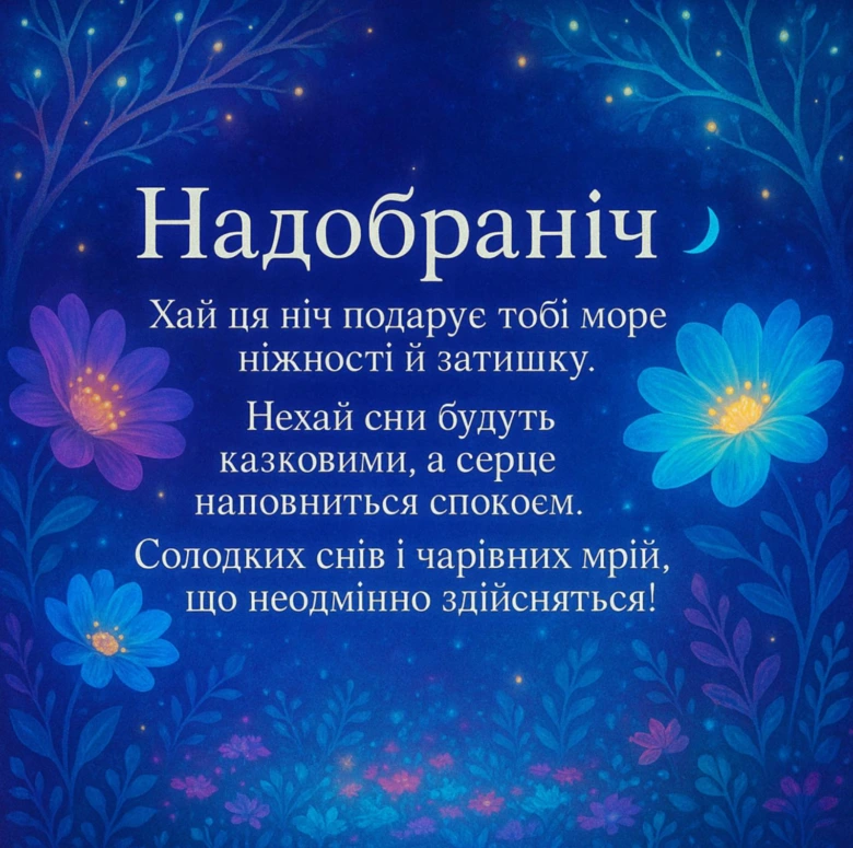 Картка з побажаннями добраніч на фоні нічного неба та квітів.