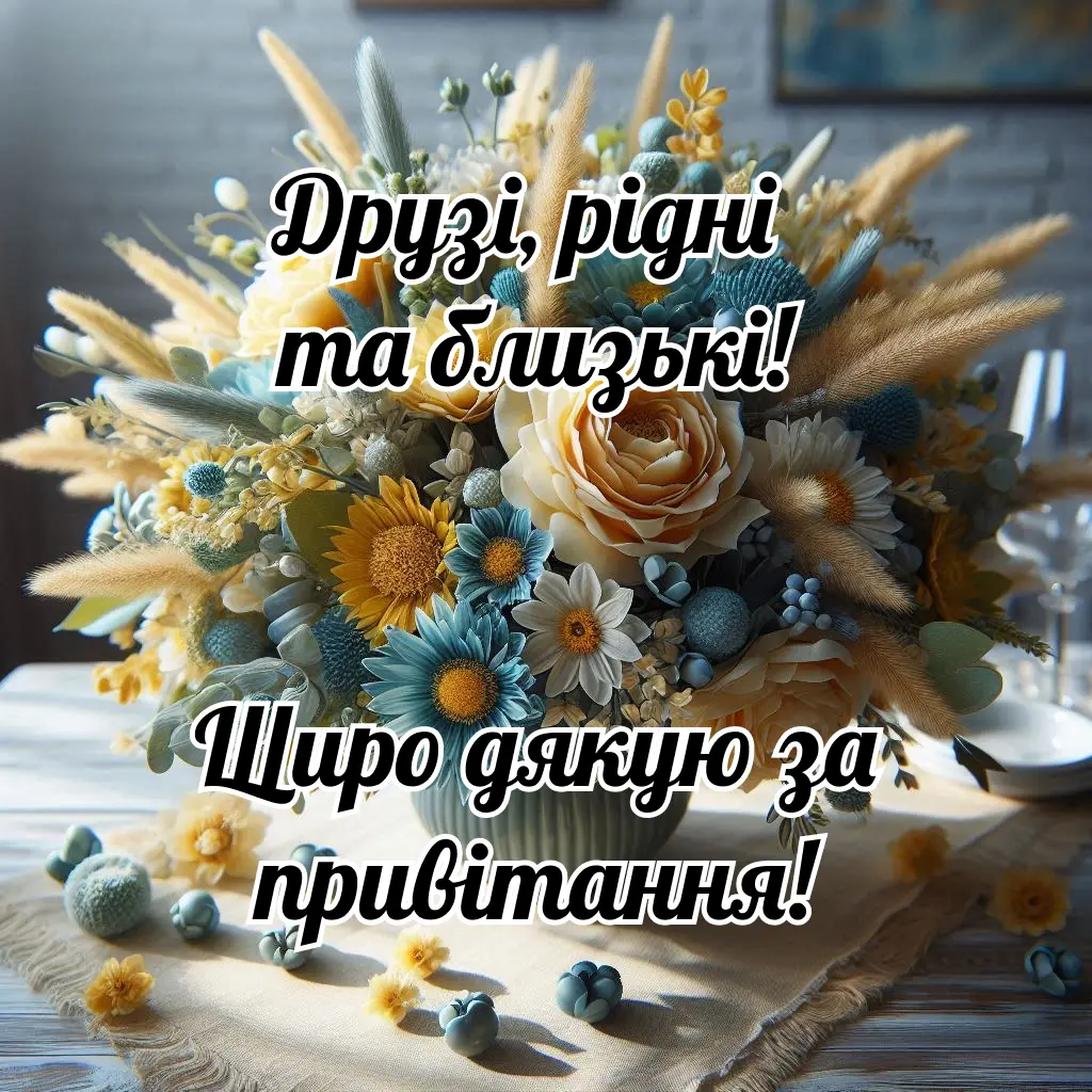 Квіти в квіткарці з українським привітанням.