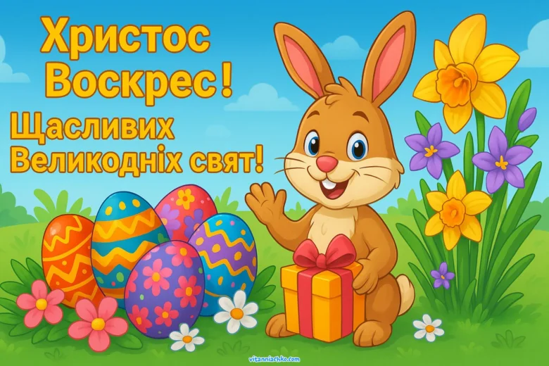 Зайчик з подарунком та великодні яйця на фоні квітів.