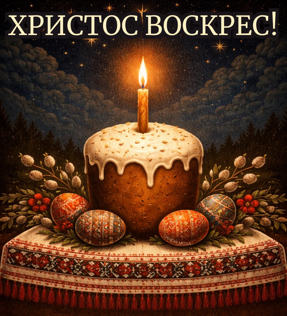 Великдень: торт з свічкою та писанками під зірчастою ніччю.