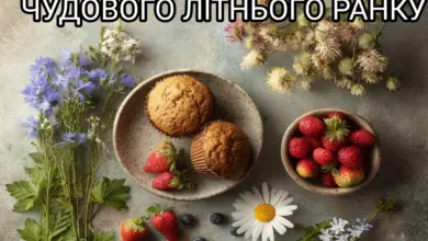 короткі побажання доброго ранку - Солодкий сніданок з ягодами та квітами для чудового літнього ранку.