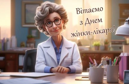 Жіночий лікар вітає з Днем жінки-лікаря.