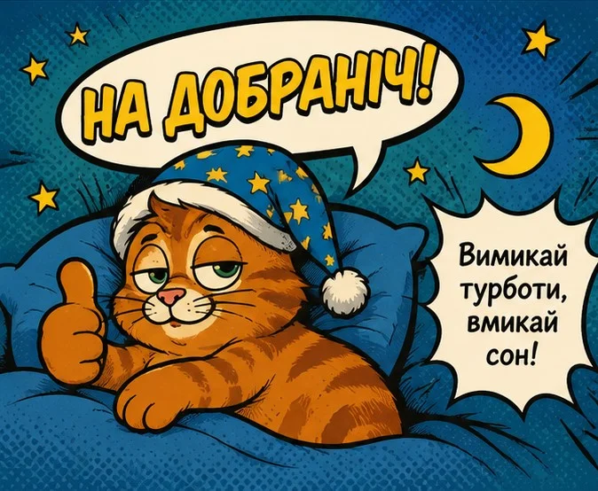 Кіт у шапці каже «На добраніч!» під зірками та місяцем.