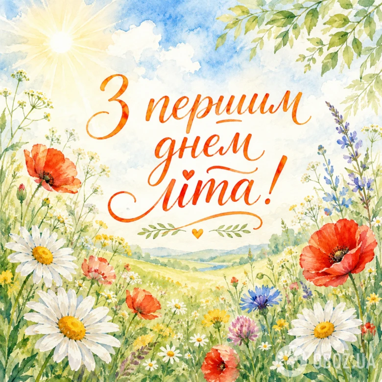 Квіткове поле під сонцем з привітанням на українській мові.