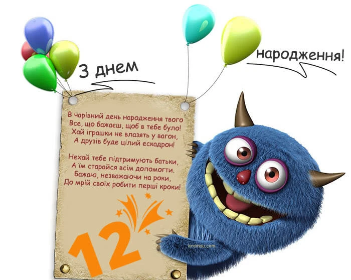 Синій монстр з привітанням на день народження 12 років