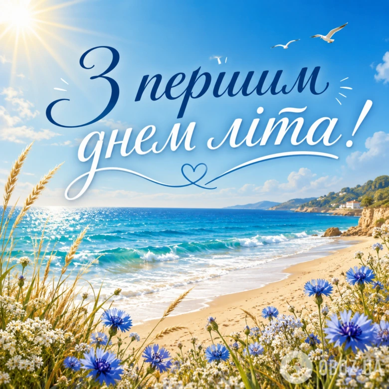 Красивий берег моря з квітами та привітанням першого літа.
