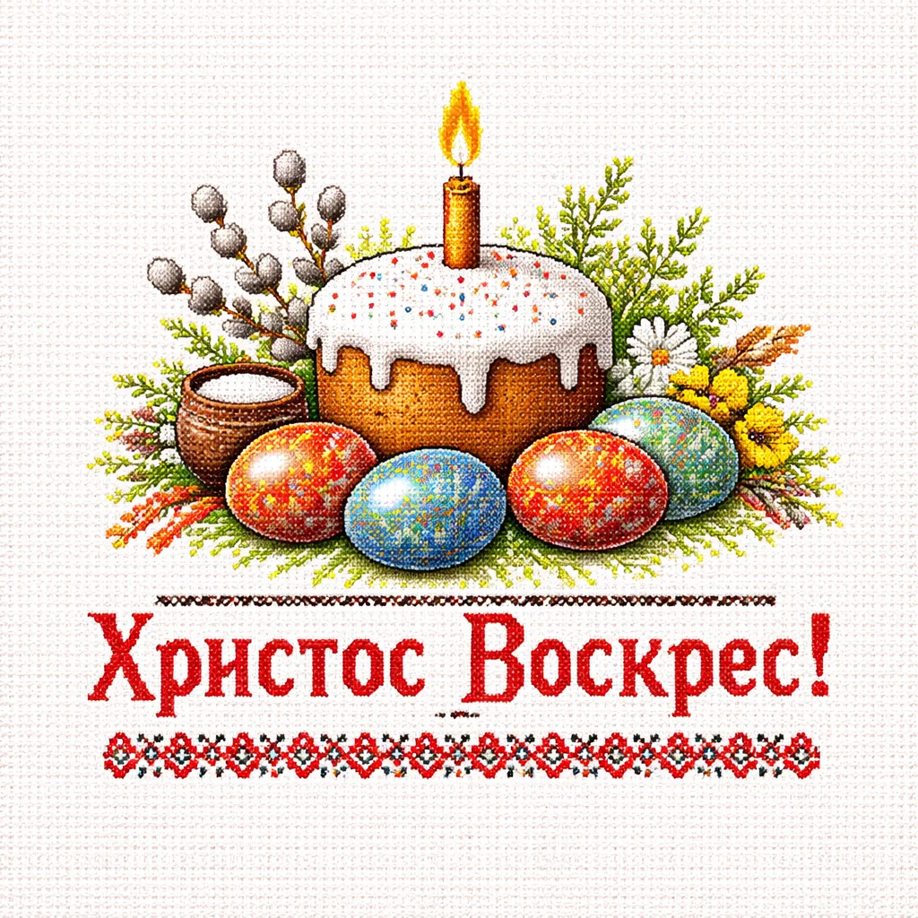 Великдень: торт із свічкою, яйця та квіти