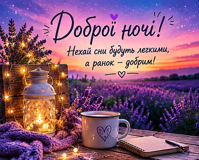 Квіти лаванда свічка чашка з теплим напоєм українське добраніч